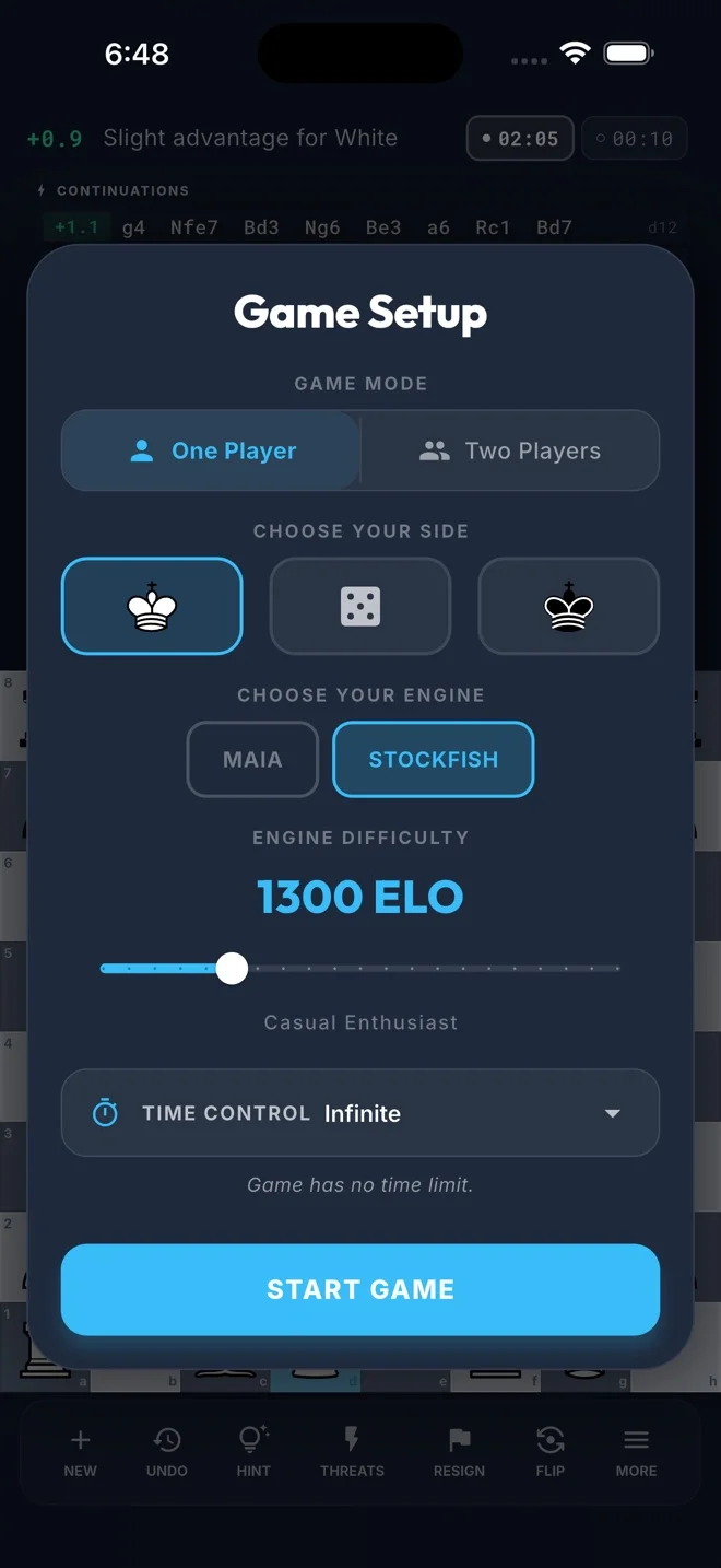 Game setup screen